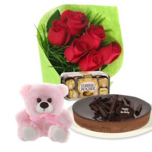 Chocolate Cheesecake with red roses, ferrero rocher & 6 inch teddy