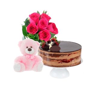 Chocolate strawberry cake with pink roses & 8 inch teddy.