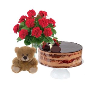 Red Carnations with Choco Strawberry Cake & 6 inch Teddy