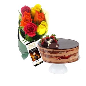 Choco Strawberry Cake with Mix Roses & Lindt Dark Chocolate