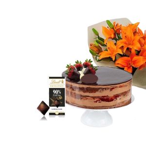 Choco Strawberry Cake with orange lilies & Lindt dark Chocolate bar.