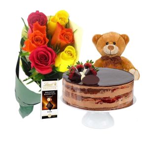 Choco Strawberry Cake with Mix Roses & Lindt Dark Chocolate & 8 inch Teddy