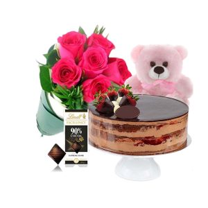 Choco Strawberry Cake with Pink Roses & Lindt Coconut Chocolate & 6 inch Teddy