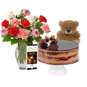 Mix Color Carnations with Choco Strawberry cake & Lindt Dark Chocolate & 6 inch Teddy